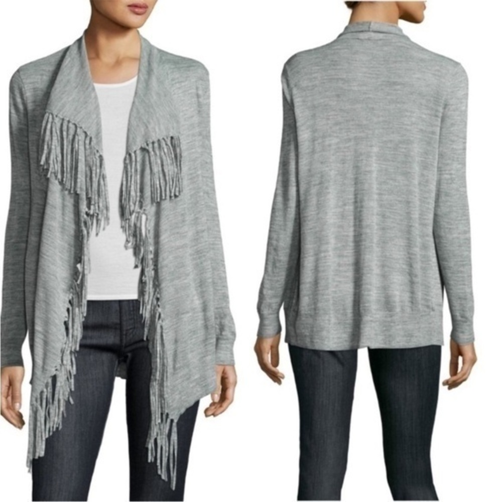 Rebecca Taylor Fringe Cardigan Wool Alpaca Waterfall has Pockets Gray Oversized
